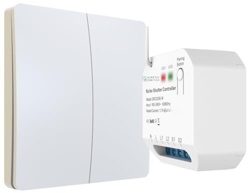 kinetic-switch Funkschalter Rollladen Set mit batterielosem 2-fach Funkschalter (IP67) und smartem Rollladen Empfänger auch über tuya App sowie Amazon Alexa und Google Home steuerbar (Weiß)