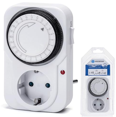Temporizador mecánico de 24 Horas con Enchufe, Color Blanco, Ideal para programar Dispositivos eléctricos y gestionar el Uso de energía.