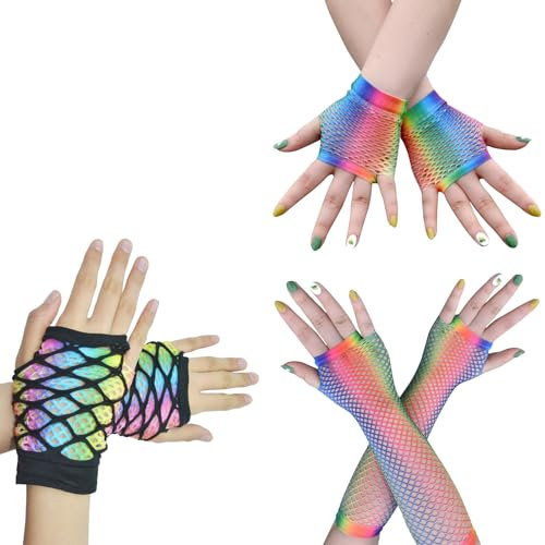 YNR Netzhandschuhe Regenbogenfarben Damen Fingerlose Regenbogen Fingerlose Fischnetz Handschuhe Neon Fingerlose Netzhandschuhe 80er-Jahre Retro Party Disco Maskerade Kostüm Zubehör 3 Paare