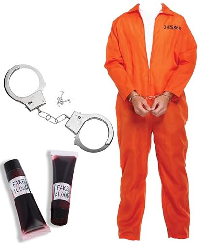 Edozos Oranger Gefangenen-Overall für Erwachsene, Handschellen und 2 künstliche Blutröhrchen für Halloween, Zombie, Gefangene, Sträfling, Gefängnis, Kostüm