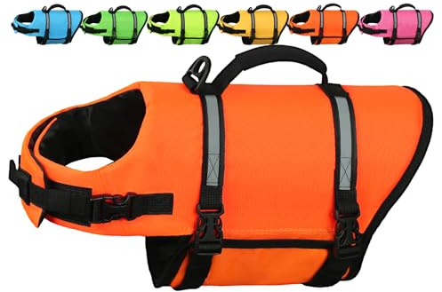 AMZNOVA Hundeschwimmweste Rip Stop Hunde Schwimmweste Rettungswesten | Schwimmweste Hunde-Schwimmweste zum Schwimmen, Auftrieb & Verstellbar for Hund, XL, Neonorange