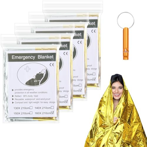 flintronic Coperte di Emergenza, 4 Pezzi Coperta Termica, 160 * 210cm Riflettente Coperta, Coperta Isotermica di Pronto Soccorso Impermeabile per Salvataggio Protegge da Freddo, Pioggia e Vento