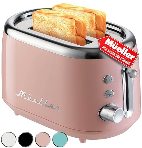 MUELLER HOME Retro Toaster 2 Slice, 7 Browning Levels, 3 Functions (Reheat, Defrost, Cancel), Stainless Steel Features, Removable Crumb Tray, Under Base Cord Storage, Pink Kitchen Accessories Décor