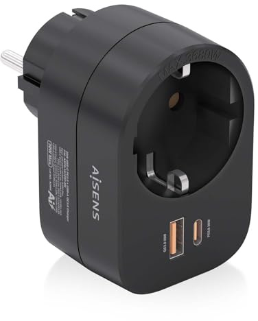 REGLETA PARED AISENS 1 TOMA USB-C 20W PD3.0 USB-A 20W QC3.0 NEGRO