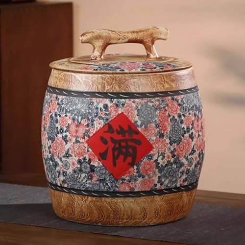 Airtight Storage Bucket Chinese Porcelain Food Storage Container 5KG/10KG/15KG/25KG Rice Dispenser with Lid for Rice Soybeans Corn Flour Oatmeal(25KG)