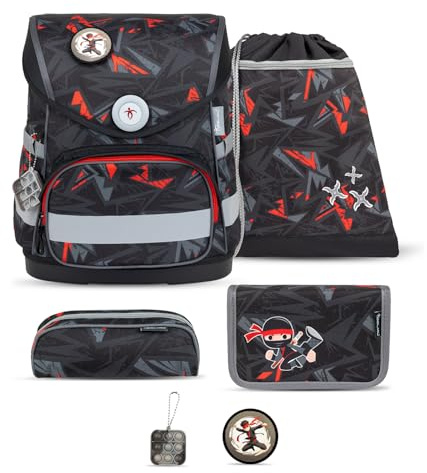 Belmil Compact mit Patches Schulranzen Set 5-teilig mit Brustgurt (405-41/AG/B/S) (Ninja)