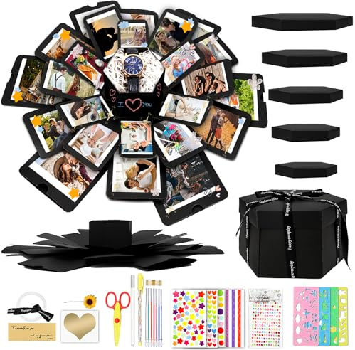 Explosion Geschenkbox - Fotobox Geschenk mit 6 Gesichtern Überraschung Geschenkbox Kreative DIY Schwarz Geschenk Explosion Box Handgemachtes Scrapbooking Fotoalbum für Hochzeit Geburtstag Valentinstag