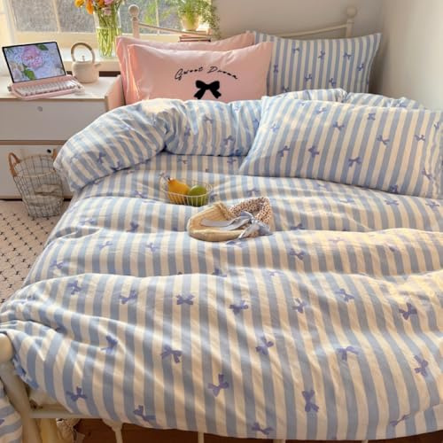 Covebett Bettwäsche Set 135x200 2teilig Weiß mit Blau Gestreift Schleifen