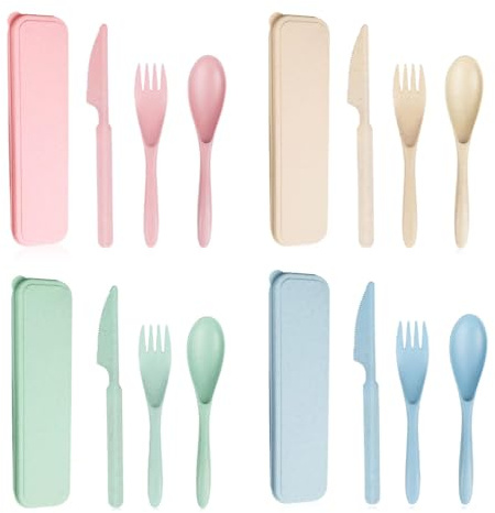 4 Pcs Travel Cutlery Set Reusable PP Plastic Spoon Knife and Fork Set with Case Camping Cutlery Set for Work Home Students School Travel Lunch Picnic Daily Use (4 Colors)