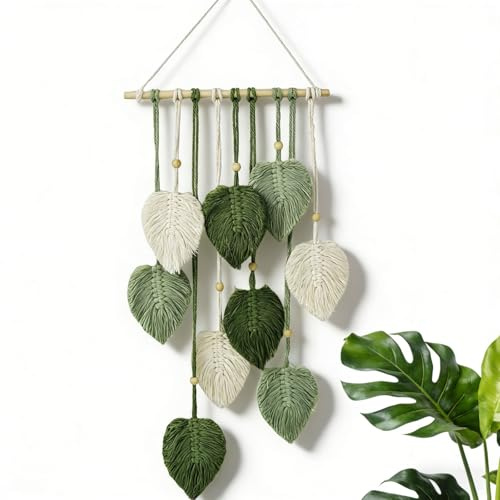 Avoik Makramee Wandbehang Boho Deko Handgemacht Makramee Wandteppich Grün Blätter Tapisserie mit Holzperlen Wandteppich für Schlafzimmer Wohnzimmer Kinderzimmer Hochzeit Wanddeko, 25x55 cm