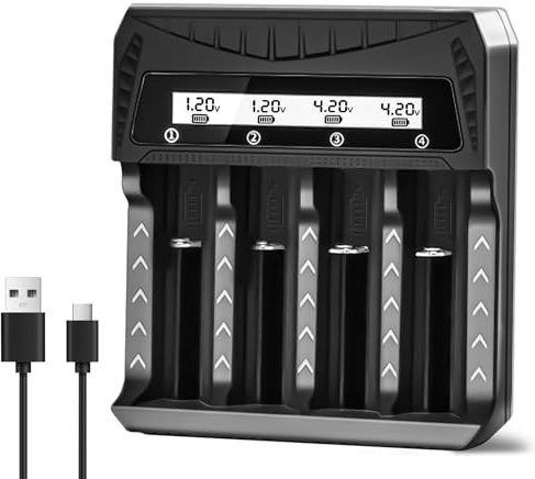 BOANV 4 Slots Chargeur Piles Rechargeable 18650 Charge Rapide pour AA AAA Rechargeable avec Port USB-C (2 Slots Chargeur) pour Li-ION Batterie, pour NH-CD Batterie avec LCD Screen