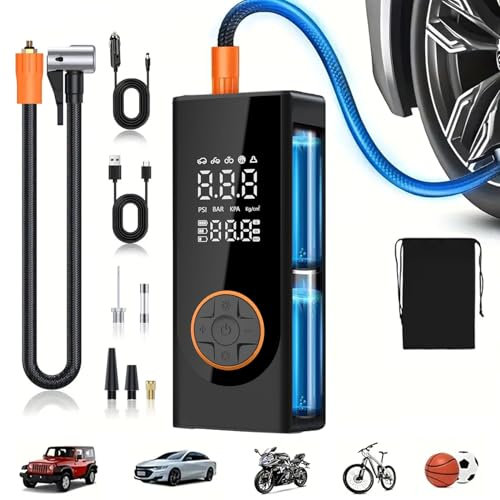 Tyre Inflator,Portable Air Compressor,Corded/Cordless Car tyre inflator,150 PSI Air Pump,Rechargeable Power Bank,Preset Tyre Pressure,Auto Shutoff, MiniTrye Pump with LED for Car,Motorcycle,Bike,Ball