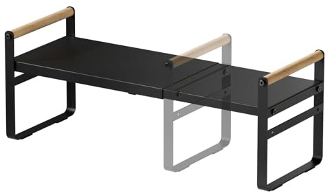Thrarise Erweiterbar Küchenregal, Schrankregal, Für Küchen Arbeitsplatten Schränke Badezimmer Büro klein Organizer, Mit Anti-Rutsch-Matte，Eisen und Holzgriff,，Adjustable 35-60cm (Schwarz)