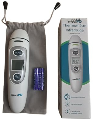 Thermomètre Infrarouge 3-en-1, Mesure Frontale, Auriculaire ainsi que des objets, liquides et surfaces, Affichage LCD, Résultat en 1 Seconde