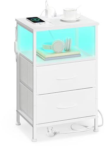 SONGMICS Bedside Table with Charging Station, Side End Table with App-Controlled Adjustable LED Lights, Modern basic, 1 Shelf, 2 Drawers, Cloud White and Matte White BELLAH Collection LGS302WH02