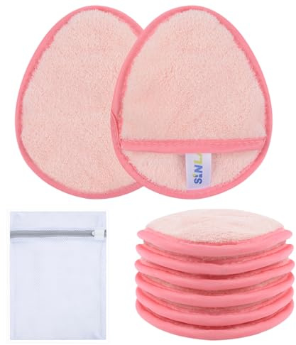 SINLAND Lot de 6 tampons démaquillants réutilisables - Rose | Tampons démaquillants lavables en microfibre avec sac à linge, tampons en coton durable pour tous les types de peau