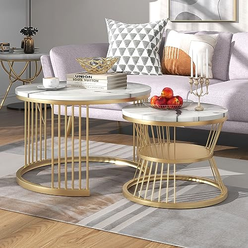 okwish Table Basse Gigogne Ronde 2 Pièces - Plateau Effet Marbre et Piètement Métal Doré Empilable pour Salon Moderne - Blanc et Or