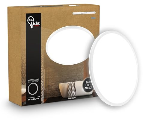 B.K.Licht - Panel LED plano con iluminación indirecta, luz blanco neutro, IP44, plafon led techo baño, lámpara techo, lámpara baño, plafon cucina, 24 x 3 cm, blanco