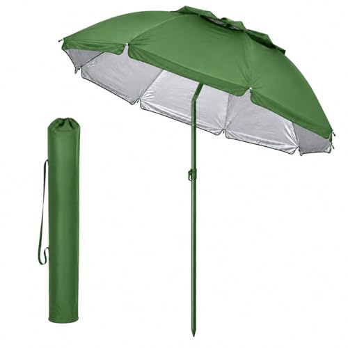 WENZO Ombrellone da Spiaggia 200 cm Antivento con Borsa, Palo Acciaio 28/32 mm, 8 Stecche in Fibra di Carbonio, Protezione UV Interna Argentata, per Spiaggia Giardino Campeggio, Verde