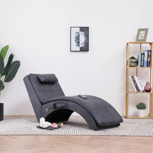 Drillkyn Massage Chaiselong med kudde grå mockautseende, ergonomisk vilostol med 5 massagelägen och värmefunktion, stålben, stoppning, 142 x 55 x 73 cm