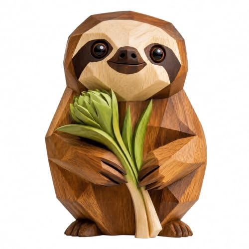 Faultier Deko Holz, 2D Flache Faultier Holzfigur mit Grüne Blütenknospe Design, Holzskulptur für Schlafzimmer Wohnzimmer Bücherregal, Glücksbringer Deko Figuren, Faultier Geschenk Zum Geburtstag Umzug