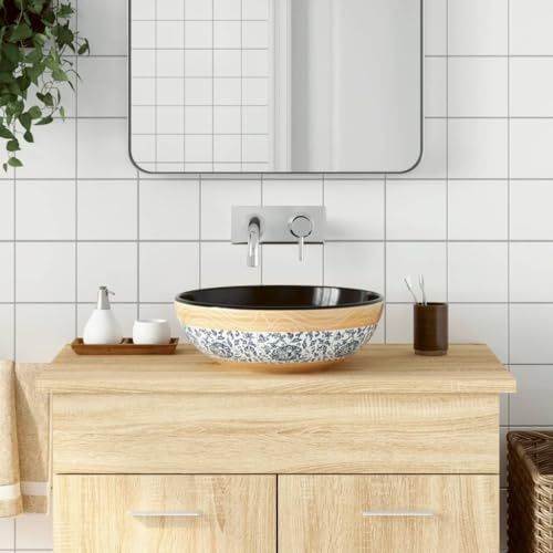 Lavabo da appoggio multicolore rotondo in ceramica 41 x 14 cm, lavello da bagno durevole, resistente alle macchie e ai graffi, motivo vintage minimalista facile da pulire