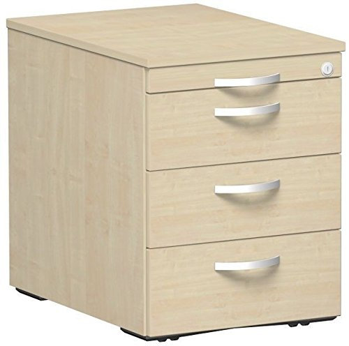 Geramöbel Rollcontainer mit 3 Metall-Schubfächern und Utensilienschubfach, Metall-Rollschubführung, Zentralverriegelung, verdeckte Doppel-Lenkrollen, 438x600x565, Ahorn/Ahorn