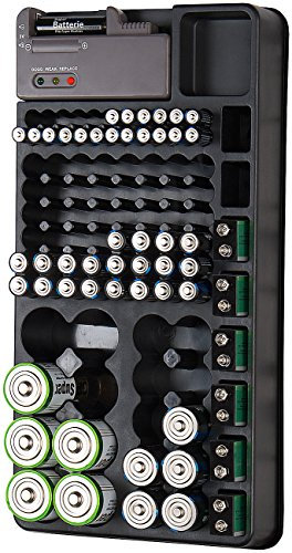 tka Köbele Akkutechnik Akku Aufbewahrungsbox: 2in1-Batterie-Organizer für 98 Batterien, mit Batterie-Tester (Batteriehalter, Aufbewahrungsbox Test, Aufbewahrung)