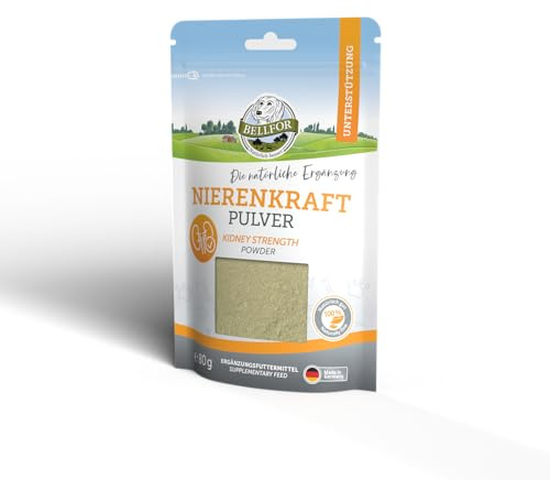 Bellfor Nierenkraft Pulver für Hunde, 80 g, natürliches Ergänzungsfuttermittel zur Unterstützung der Nierenfunktion mit Ackerschachtelhalm, Goldrutenkraut und Birkenblättern