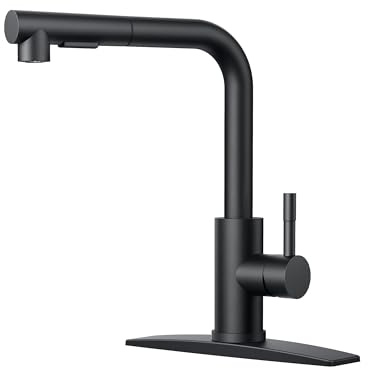 FORIOUS Black Kitchen Faucet with Pull Down Sprayer, Stainless Steel Single Handle Classic Pull Out Bar Sink Faucet for Farmhouse Laundry RV, with Deck Plate for 1 or 3 Holes