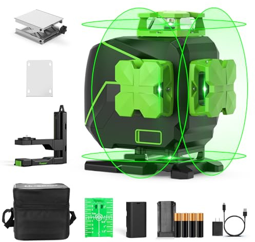 Huepar Laser Level 4 x 360° 16 Lines Self-Leveling Alignment Laser Tool with Pulse Mode for Construction and Picture Hanging, Magnetic Bracket, Lifting Base, Li-ion Battery or 4 AA Batteries - S04CG-L