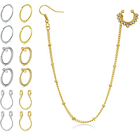 LAURITAMI 13stk Fake Nasenpiercing Nasenclipkette Chirurgenstahl Fake Septum Hoop Non Pierced Nasenring Cartilage Knorpel Helix Lippenpiercing
