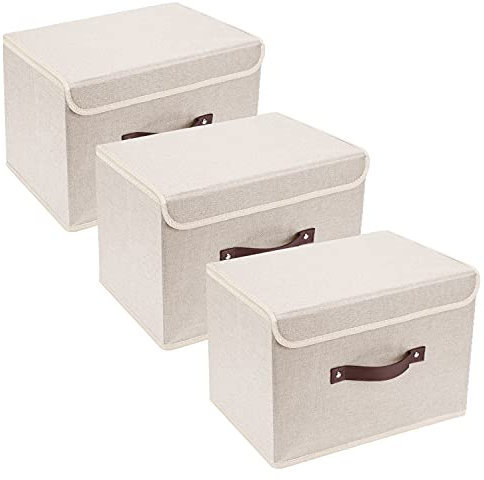 TYEERS Cajas de Almacenaje con Tapa, Tela, Lavable, Cajas Organizadoras, 38x25x25 cm, Juego de 3, Beige