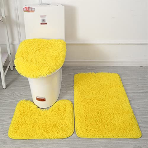 Lifup Tappeti Bagno Antiscivolo 3 Pezzi, Tappetino Rettangolo a Pelo Lungo Morbida Soffici, Tappetino per WC, Copertura per WC Coperchio Peloso giallo