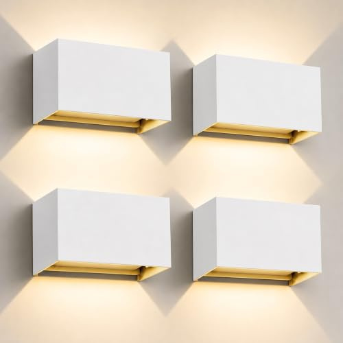 Kingwen LED Wandleuchte außen Weiß 4er Set,20W 2000lm 3000K,IP65,Up Down | Aluminium,0-120° Abstrahlwinkel einstellbar;für Innen,Fassade,Eingang,Terrasse,Flur,Treppe und Hauswand