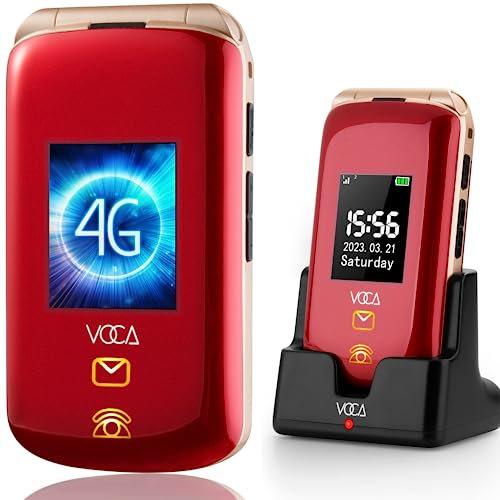VOCA Big Button Mobile Phone for Elderly | Flip Phone | Dual Screen | Unlocked 4G LTE | High Volume | SOS Button | Hearing Aid Compatibility | Charging Dock | Predictive Text | 1800mAh - V540 (Red)