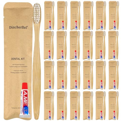 DincherBel Bamboo Toothbrushes Kit Bulk, Disposable Toothbrushes with Toothpaste(6g), Individually Wrapped Toiletries Amenities for Hotel, Airbnb, Homeless, Shelter, Camping and Travel (50 Pack)