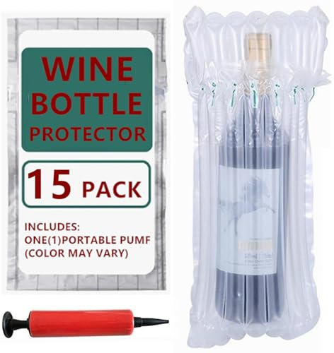 15 Packs Wine Bottle Protector Bags for Travel, goldhik Inflatable Packaging Bubble Wrap Bags for Wine Fruit Glass Bottle, Inflatable Air Column Cushion Bags with Free Pump