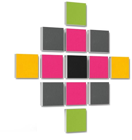 platino24 Akustikpaneele 13 Elemente 3D-Set Colore Quadrat 27,5 x 27,5 cm Multicolore I Schallabsorber aus Basotect G+ mit Akustikfilz I Schalldämmung Wand & Decke I Akustikelemente Wandpaneel