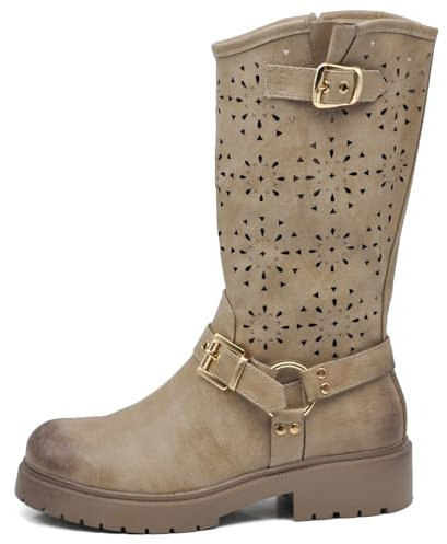IF Fashion Scarpe da Donna Stivali Primaverili Estivi Traforati Alla Caviglia Biker Motociclista Con Fibbia WZ688-62 khaki N.40