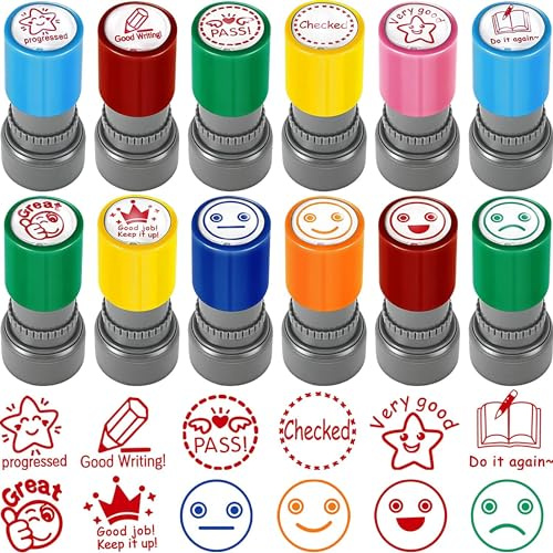 SQAQS 12PCS Lärarstämplar, Rik Variation, Lärare Belöning Stämpel, Fotokänsliga Frimärken, Blandade Frimärken för Lärare Självbläck, Personliga Tecknade Karaktärer Lärare Gåva Elev