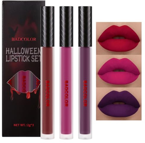 3 Colors Matte Liquid Lipstick Set, Purple Burgundy Rose Red Halloween Makeup, High Impact Long Lasting Lip Stain Velvet Nonstick Cup Smudge Proof & Waterproof Lip Gloss Set