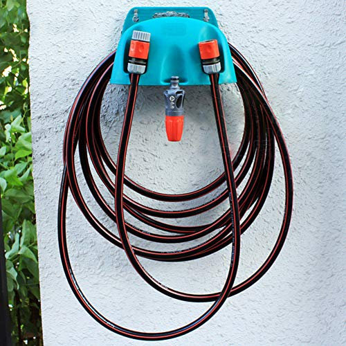 Garten-Wasserschlauchhalter aus Kunststoff, Wandmontage-Schlauchhalter mit Ablagefach, Wetterfester Schlauchhalter für den Außenbereich mit Ablage für Gartengeräte (Blue)