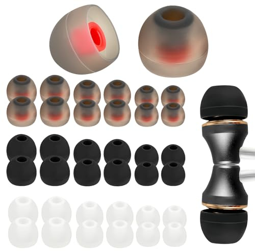 Tucnoeu Lot de 36 embouts de rechange en silicone pour écouteurs de 4,5 mm à 6 mm, 3 couleurs, 3 tailles, noir/blanc/gris-rouge