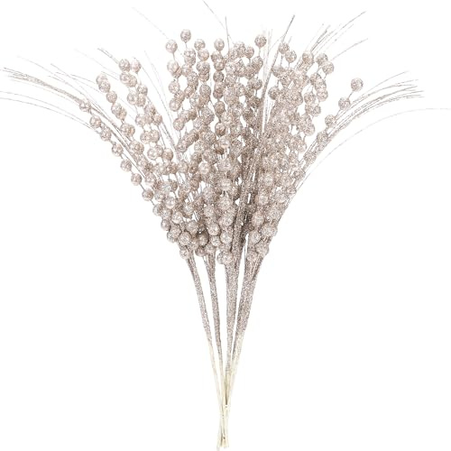 Sea Team 24-Pack Decorative Christmas Tree Branches, Fluffy Glittery Bead Twigs, Tree Toppers, Vase Fillers, Stems, Picks for Christmas Tree, Wreath, Garland, 16.5-Inch, Champagne