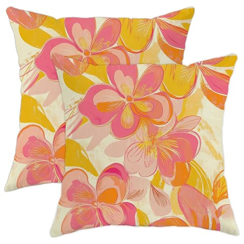 Set di 2 federe decorative per cuscini primaverili con fiori di pesca e giallo, cuscini da esterno, per casa, divano, letto, divano, decorazione in stile fattoria, 45 x 45 cm