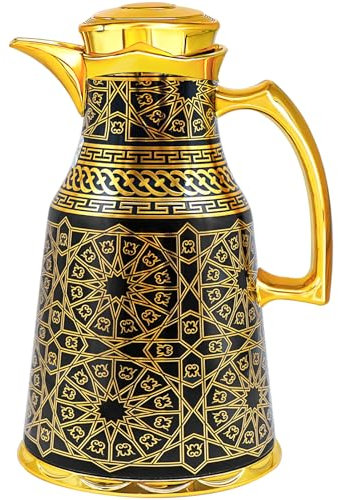 Insulated Thermal Coffee Carafe,34 oz,Luxury Arabic Coffee Pot,Arabic Style Vacuum Thermal Carafe Insulated Flask for Coffee Hot Cold Drink Tea,Housewarming Ornaments(Black and Gold)