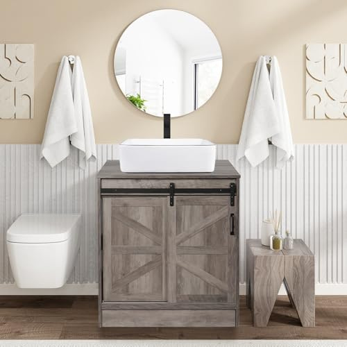 SOLIDEE 30 Barn Door Bathroom Vanity, Farmhouse Style Standing Pedestal Cabinet with White Ceramic Vessel Sink