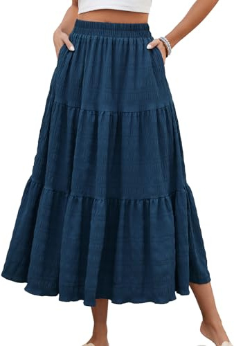 HUSKARY Trendy Skirts for Women 2025 High Waisted Casual Smock Tiered Summer Skirt Loose Flowy Long Layered Skirt Sapphire