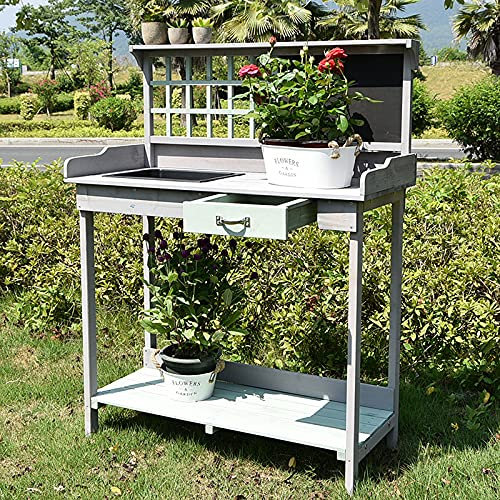 Tavolo da Giardino per invasatura, Panca da Giardino in Legno per Esterni con lavandino, cassetto e Lavagna, banco da Lavoro per Giardinaggio in Legno di Abete Naturale per patii, Cortili, b